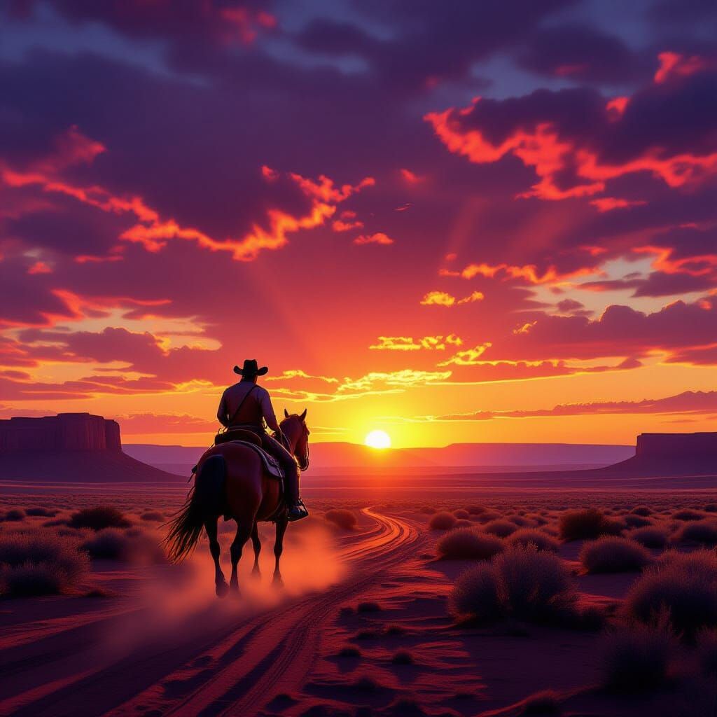 Cowboy Rides Towards Fiery Sunset in Golden Hour