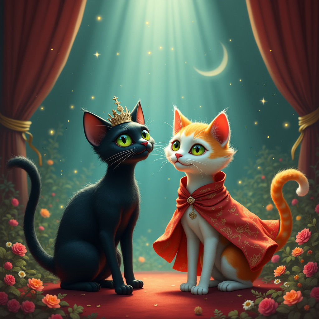 Fantastical Felines in Enchanted Theater, Naive Art Painting