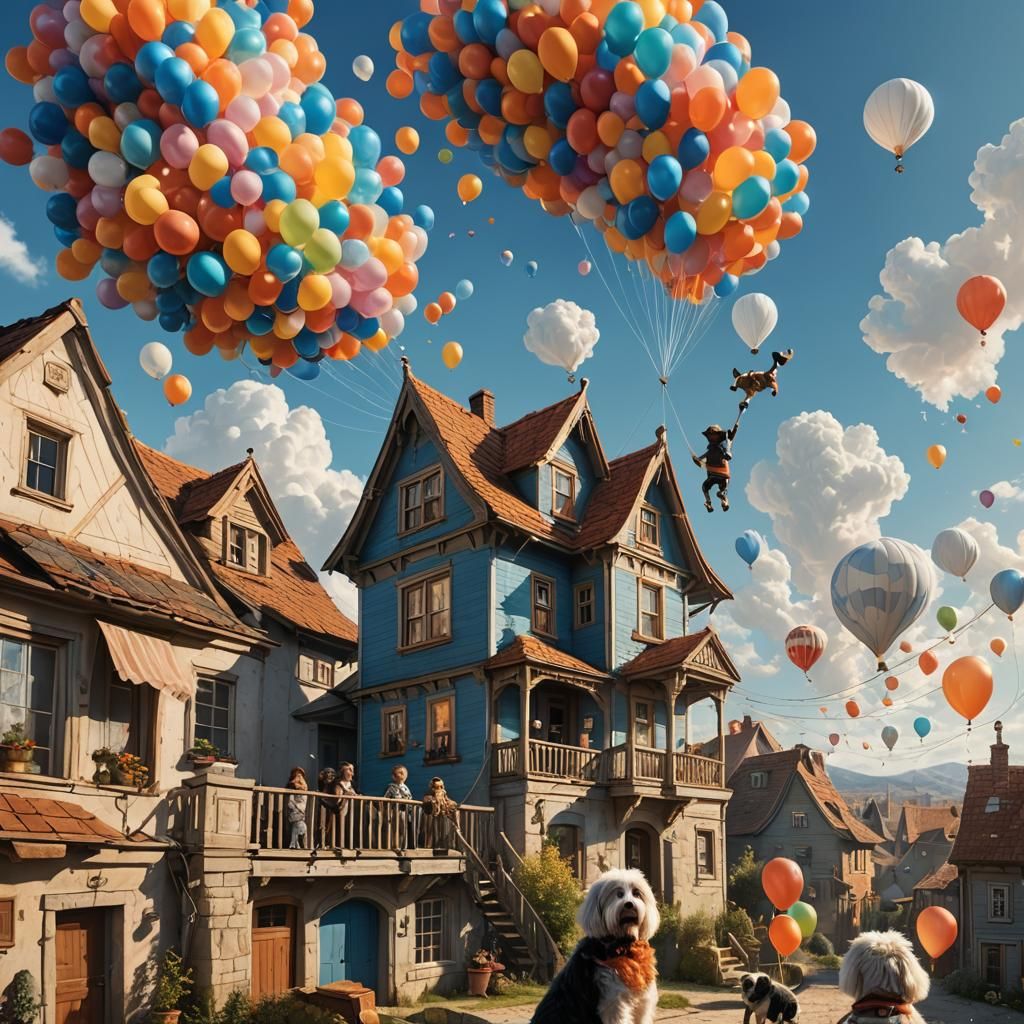 House Lifted by Balloons in a Whimsical Dreamscape
