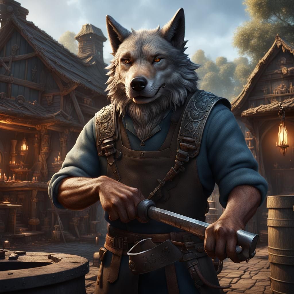 Wolf-like Blacksmith: Detailed Fantasy Concept Art