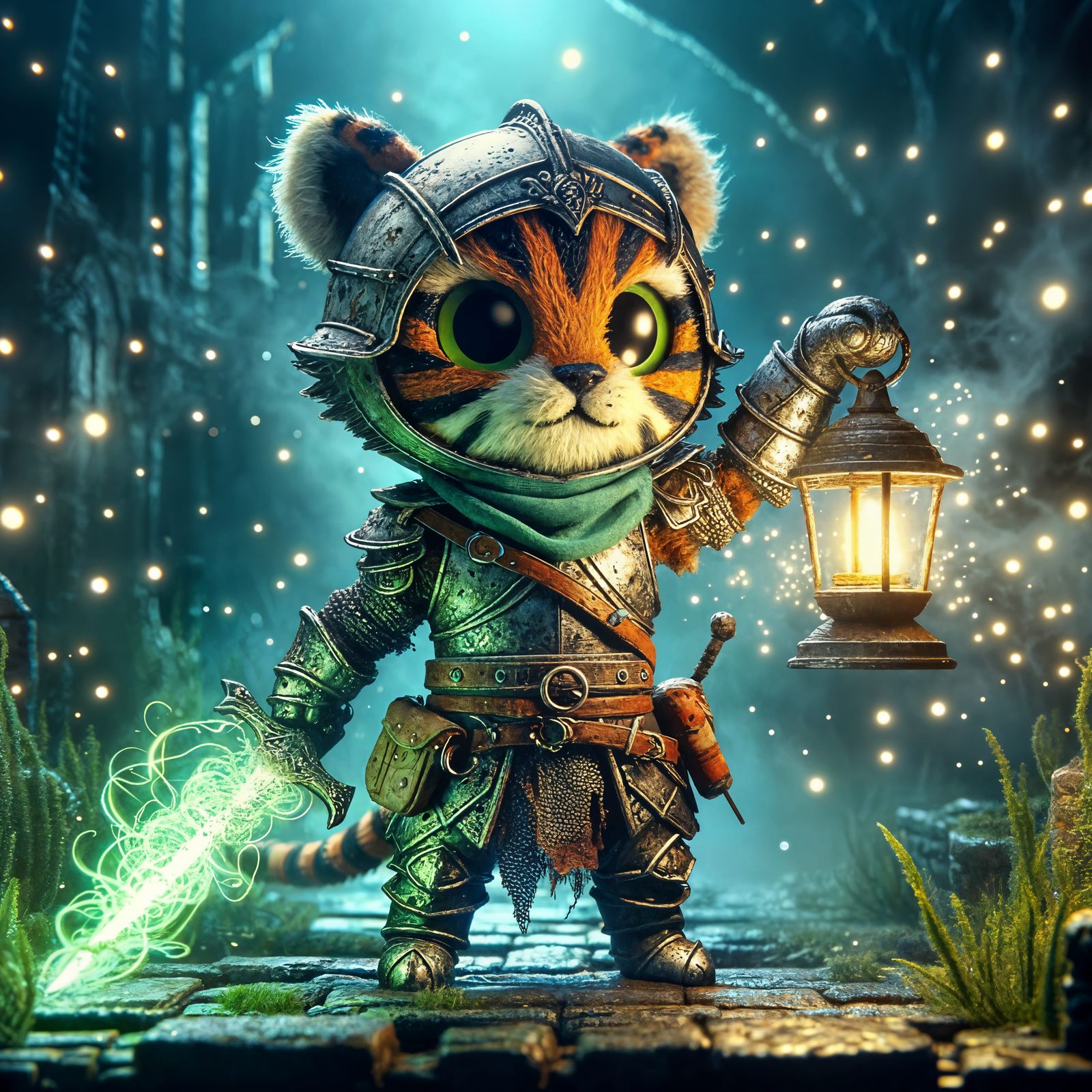 Charming Cartoon Tiger Knight with Magic Sword in Dark City