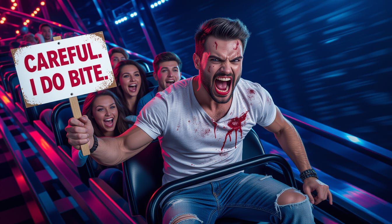 Angry Vampire on Roller Coaster in Hyperrealistic Photo