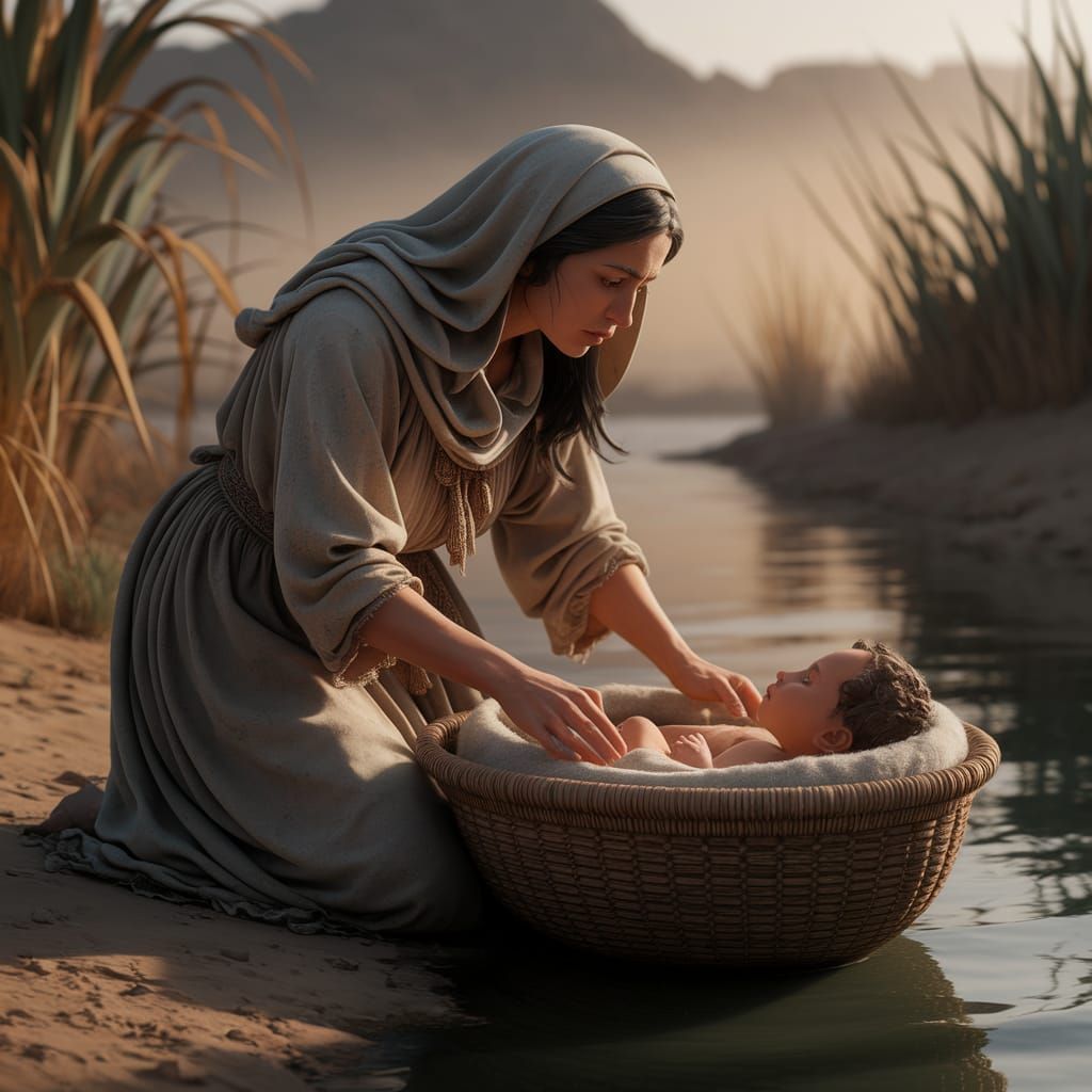 Jochebed Sets Moses Afloat, Hyper-Realistic Biblical Scene