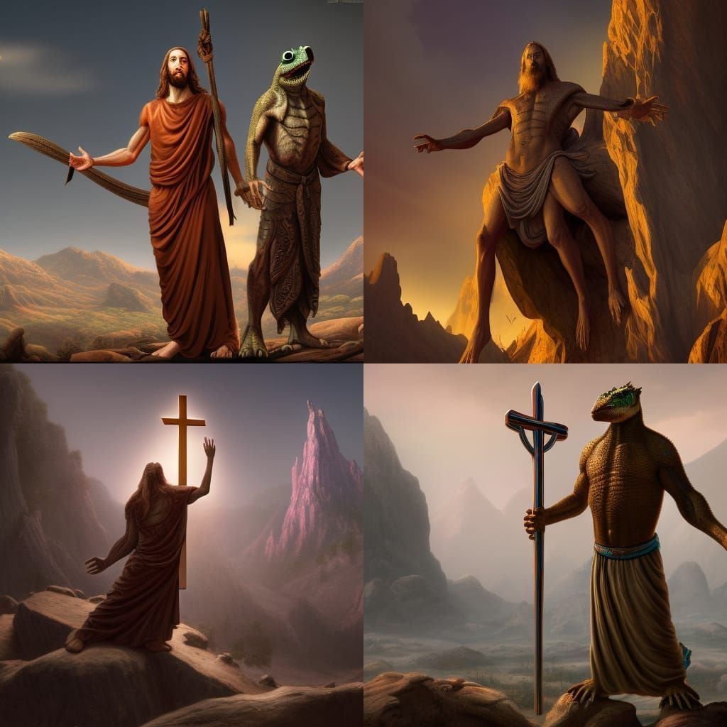 Lizard Person Standing with Jesus in Detailed Matte Painting