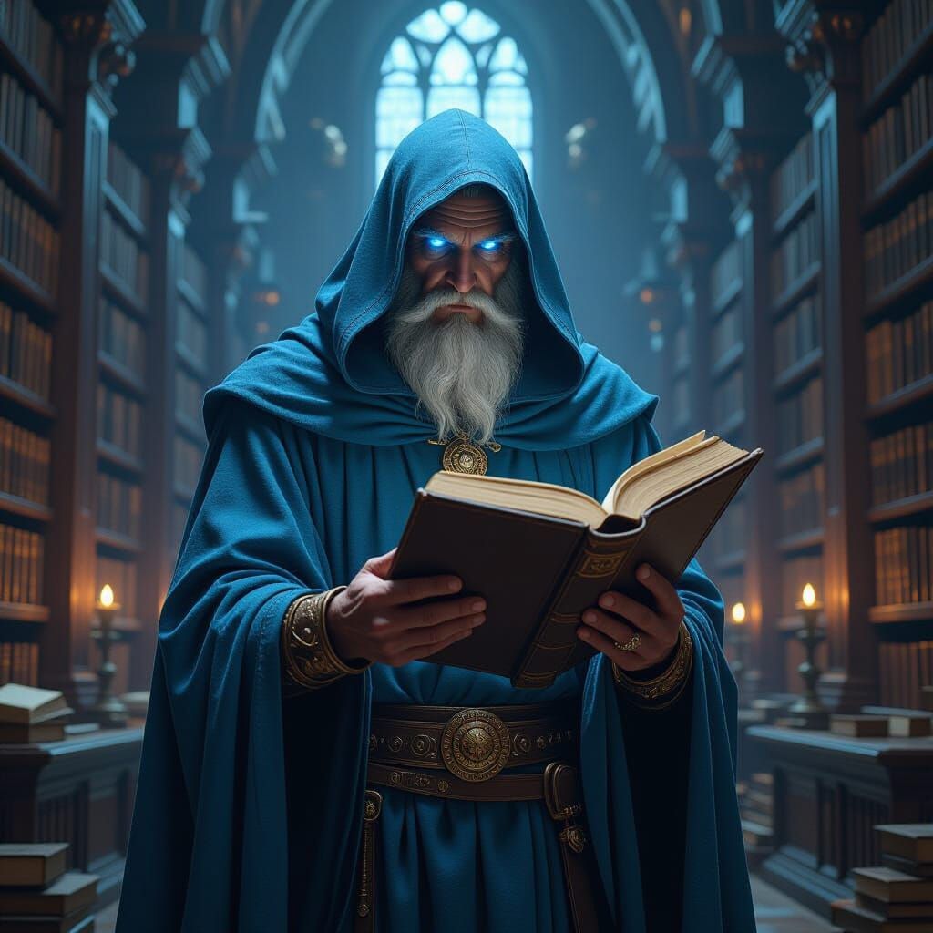 God of Lore Reading in Ancient Library