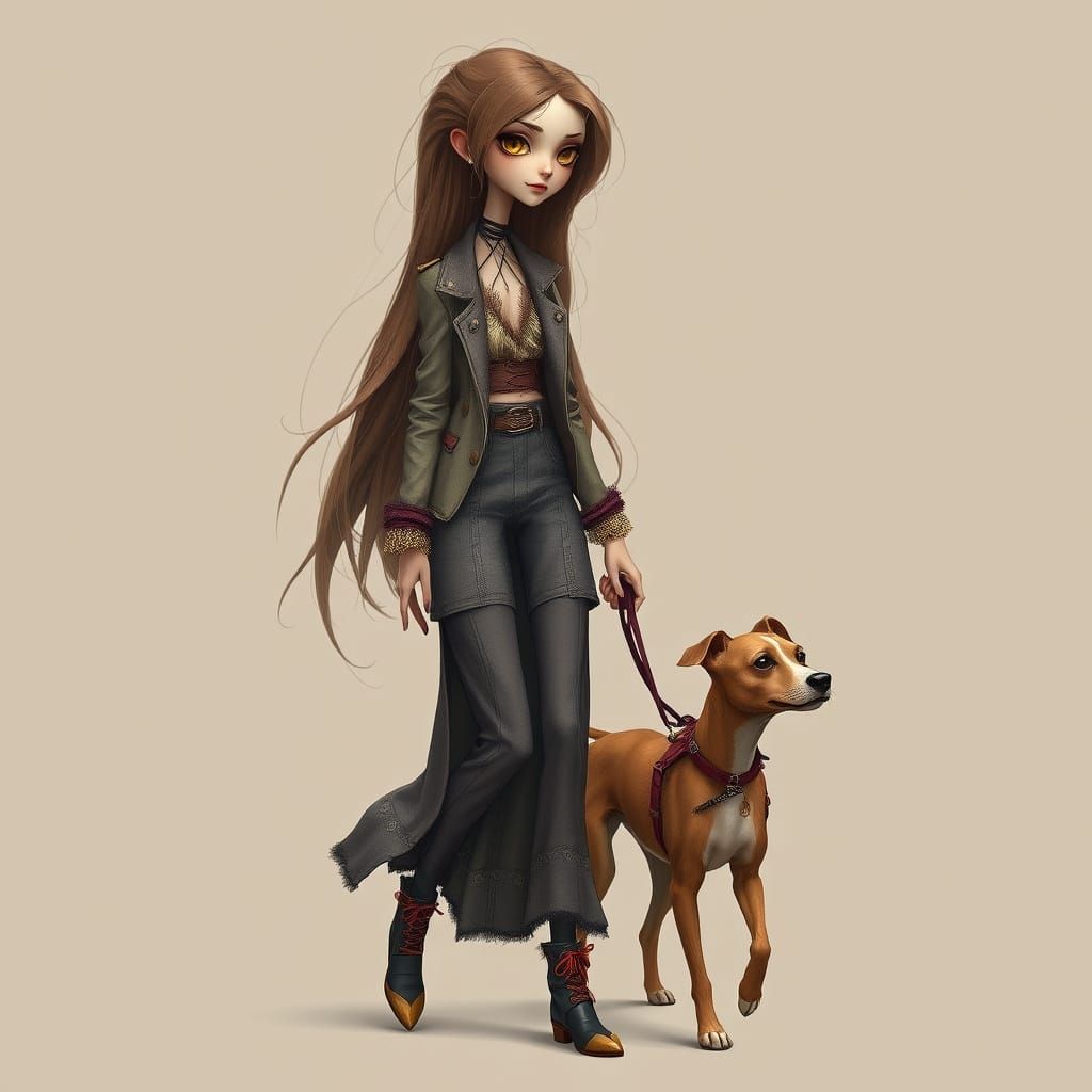 Whimsical Anime Woman Walking Dog