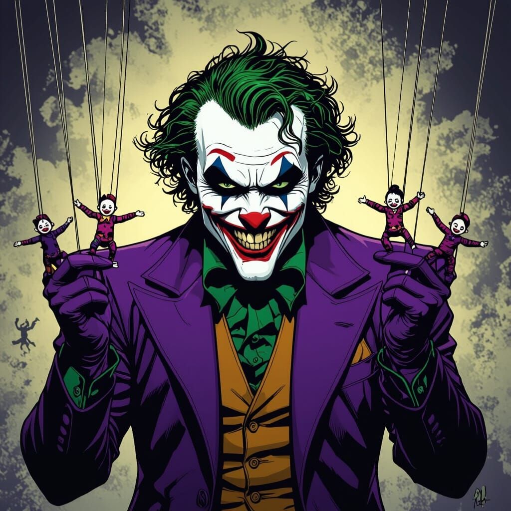 Dark Comic Joker with Puppets in Noir Style
