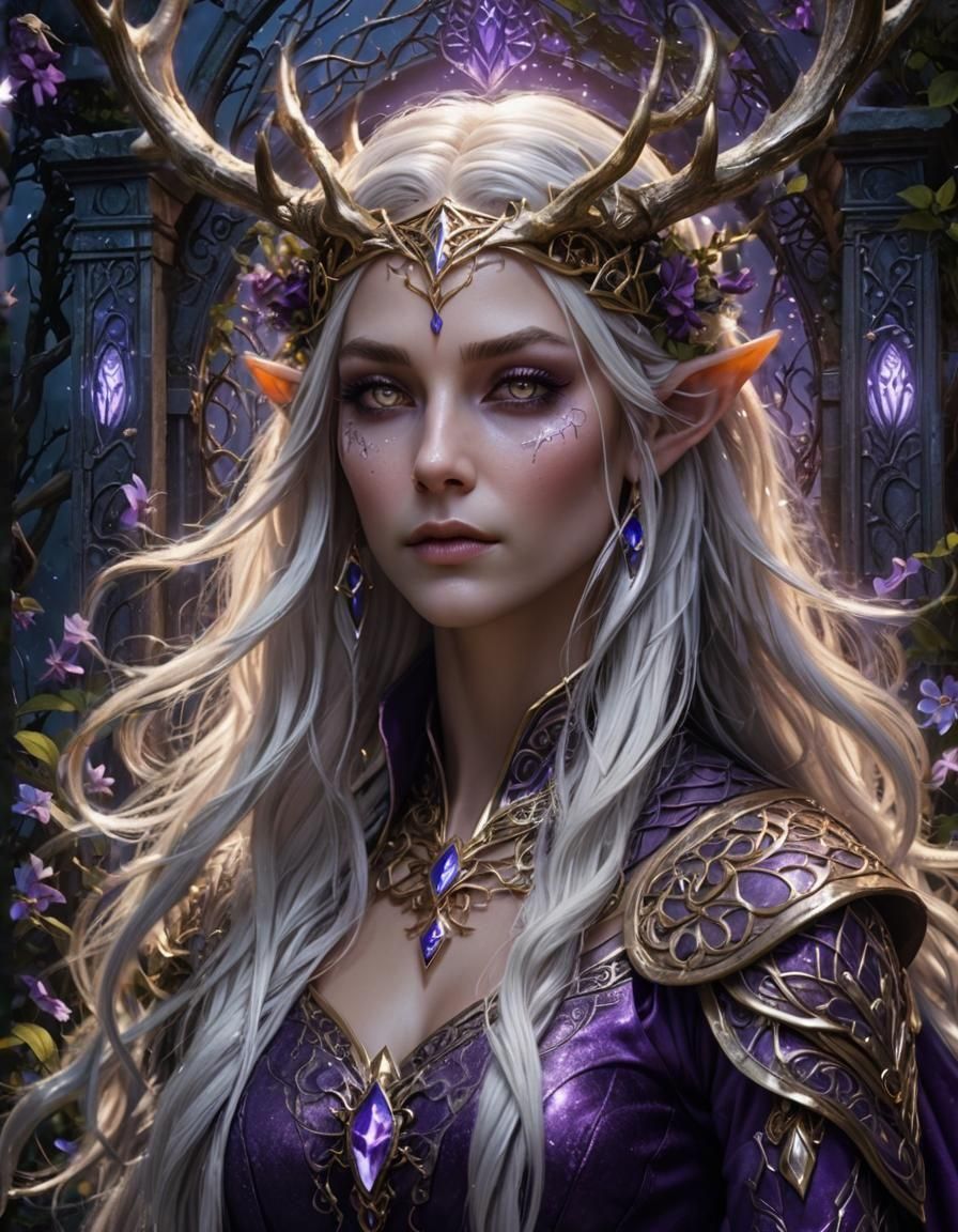 Fantasy Elf with Intricate Antlers in Moonlight