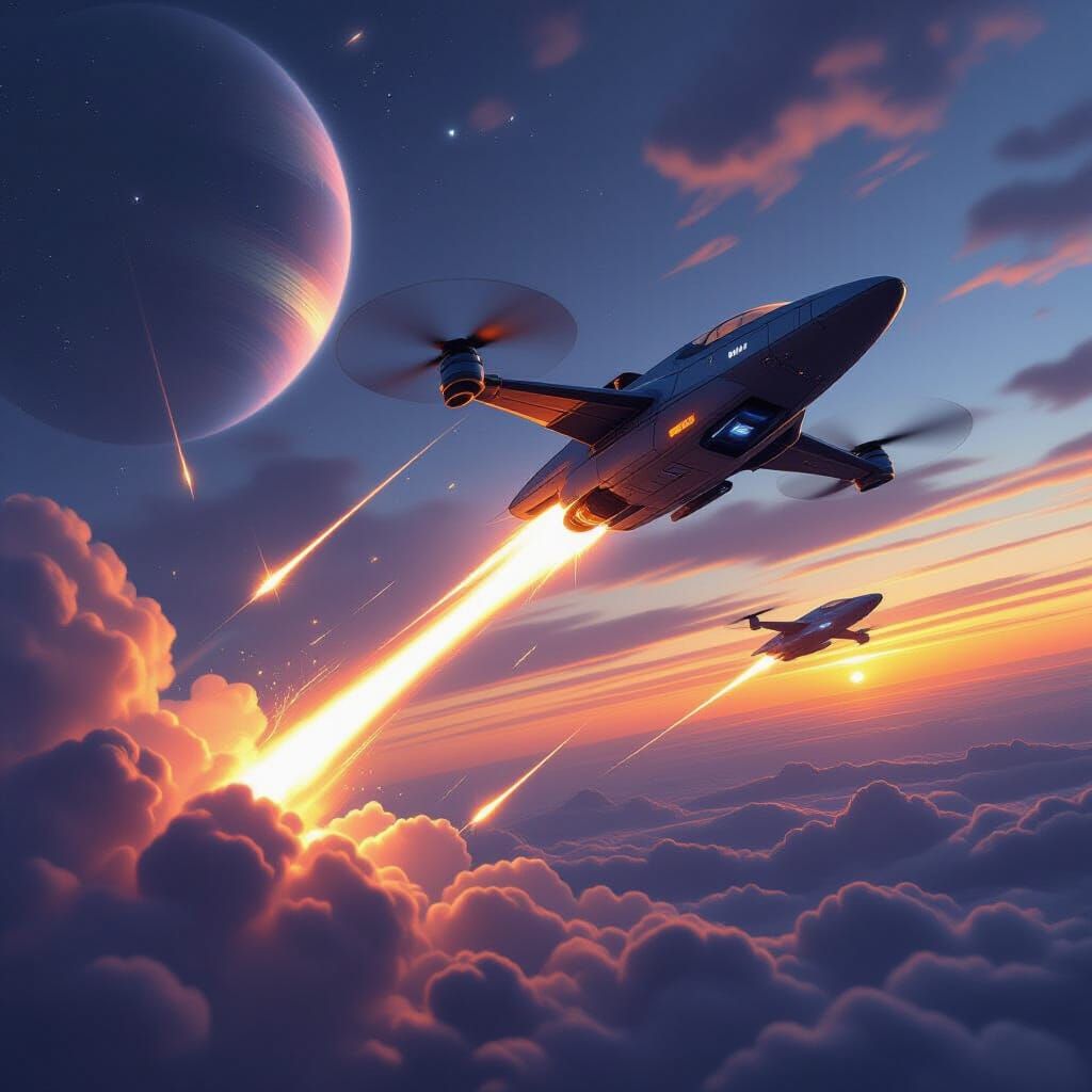 Futuristic Quadcopter Battles Alien Ship at Dusk