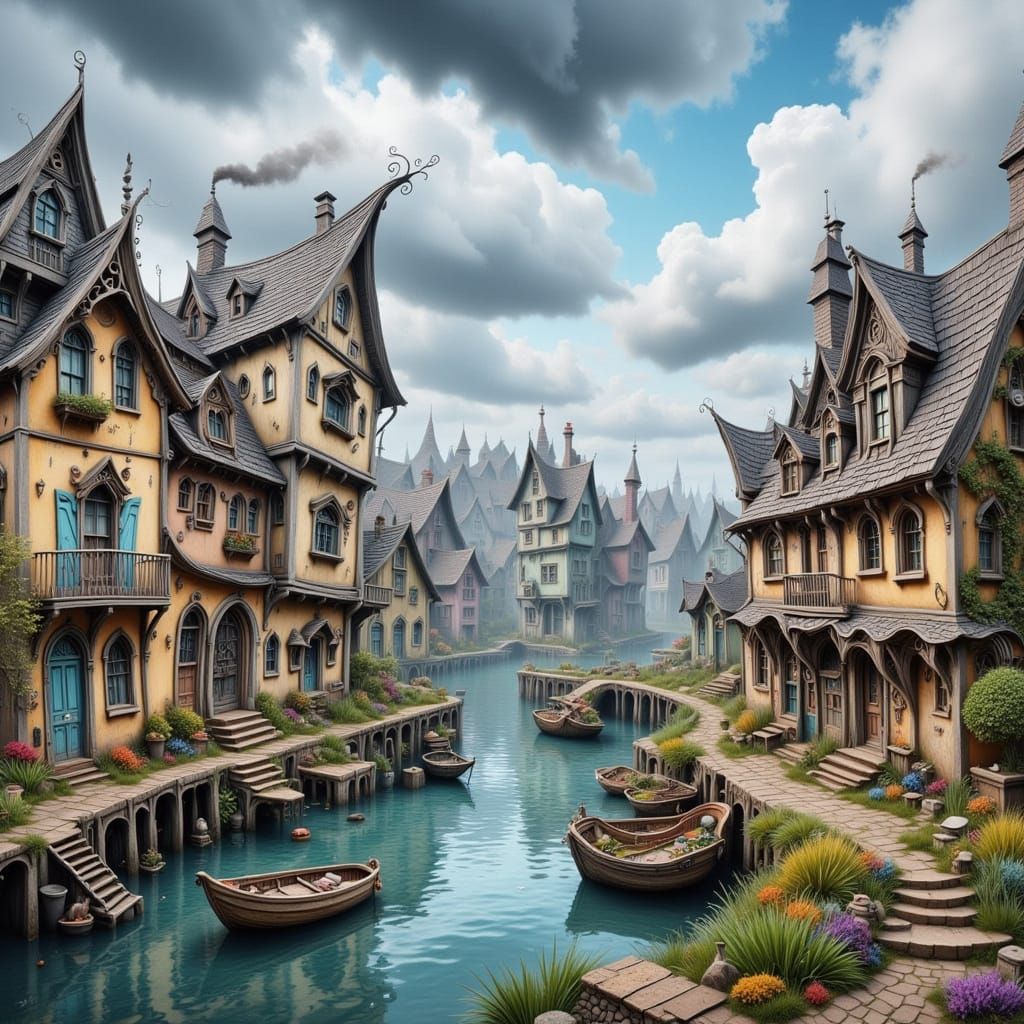 Quaint Fishing Village Scene in Burtonesque Style