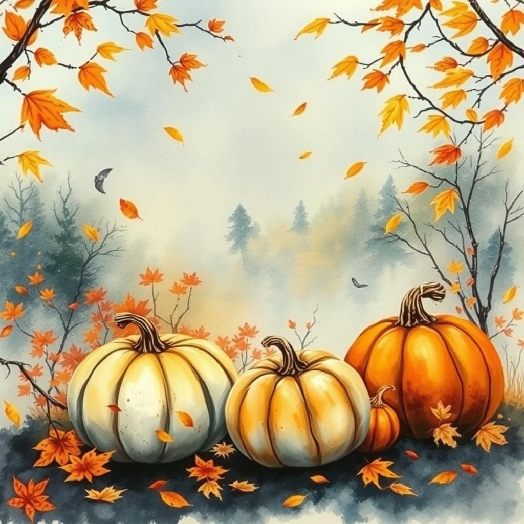 Autumnal Pumpkins in Watercolor Wash