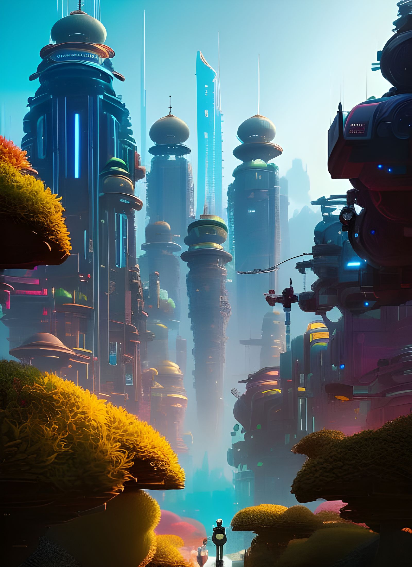 Robot in Overgrown Cityscape by Beeple Style