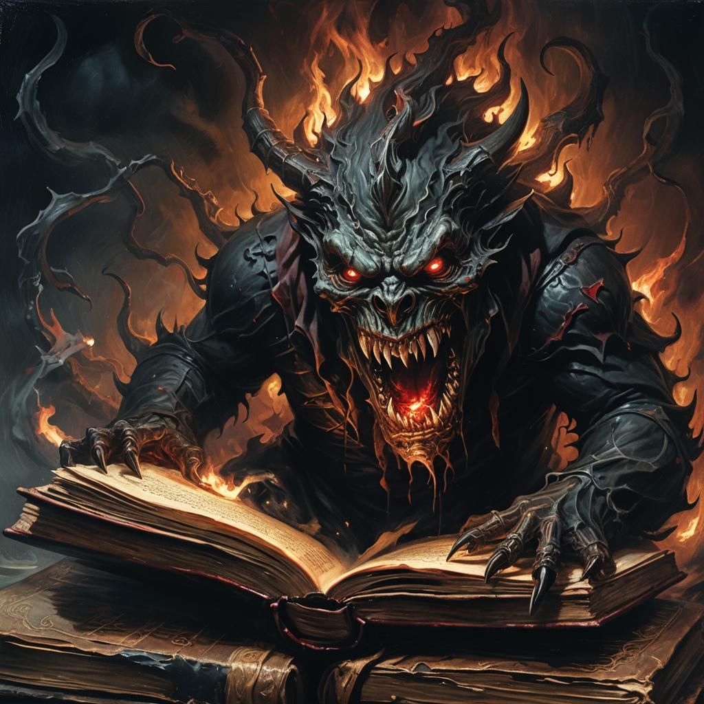Cursed Book Unleashes Monster in Dark Fantasy Oil Painting