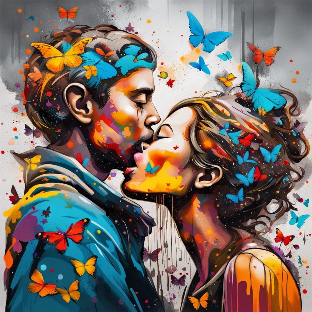 Woman Kissing Angel in Butterfly Flight: Graffiti Art