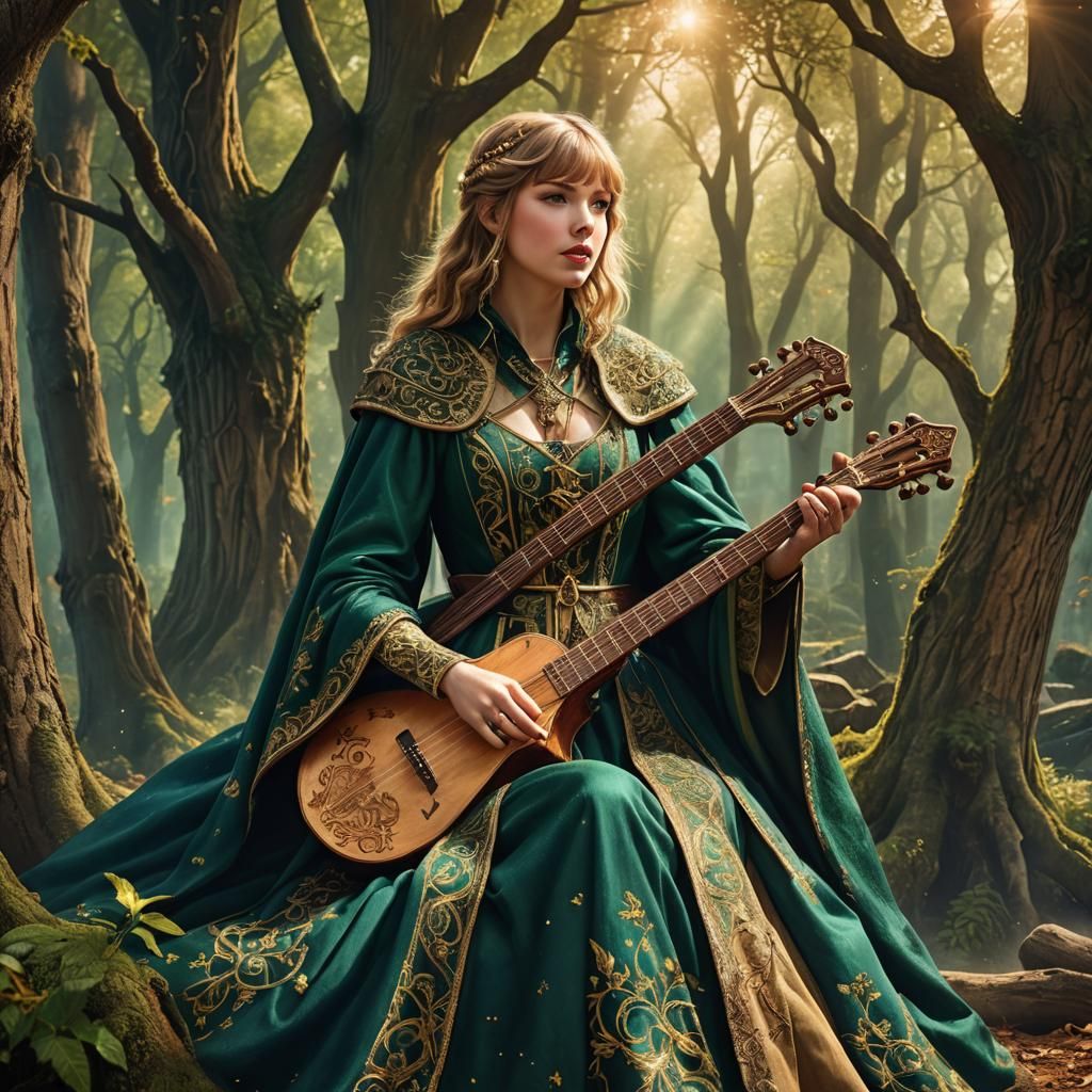 Taylor Swift as Medieval Bard in Mystical Forest