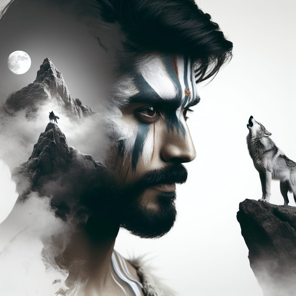 Mystical Warrior and Wolf Double Exposure Portrait