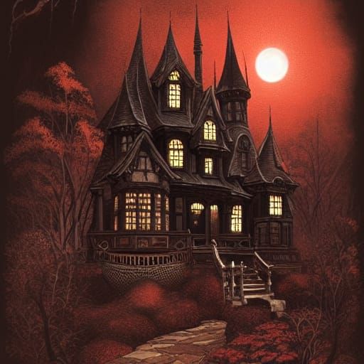 Ethereal Haunted Castle in Black and Red