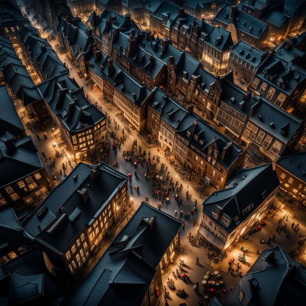 Detailed Cityscape at Night in Hyperrealistic Style