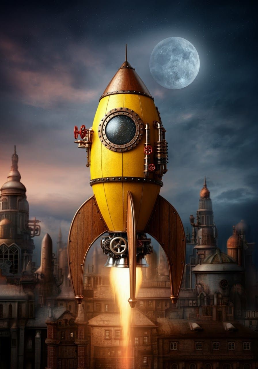 Surreal Steampunk Rocket Blazes Through a Starry Night Citys...