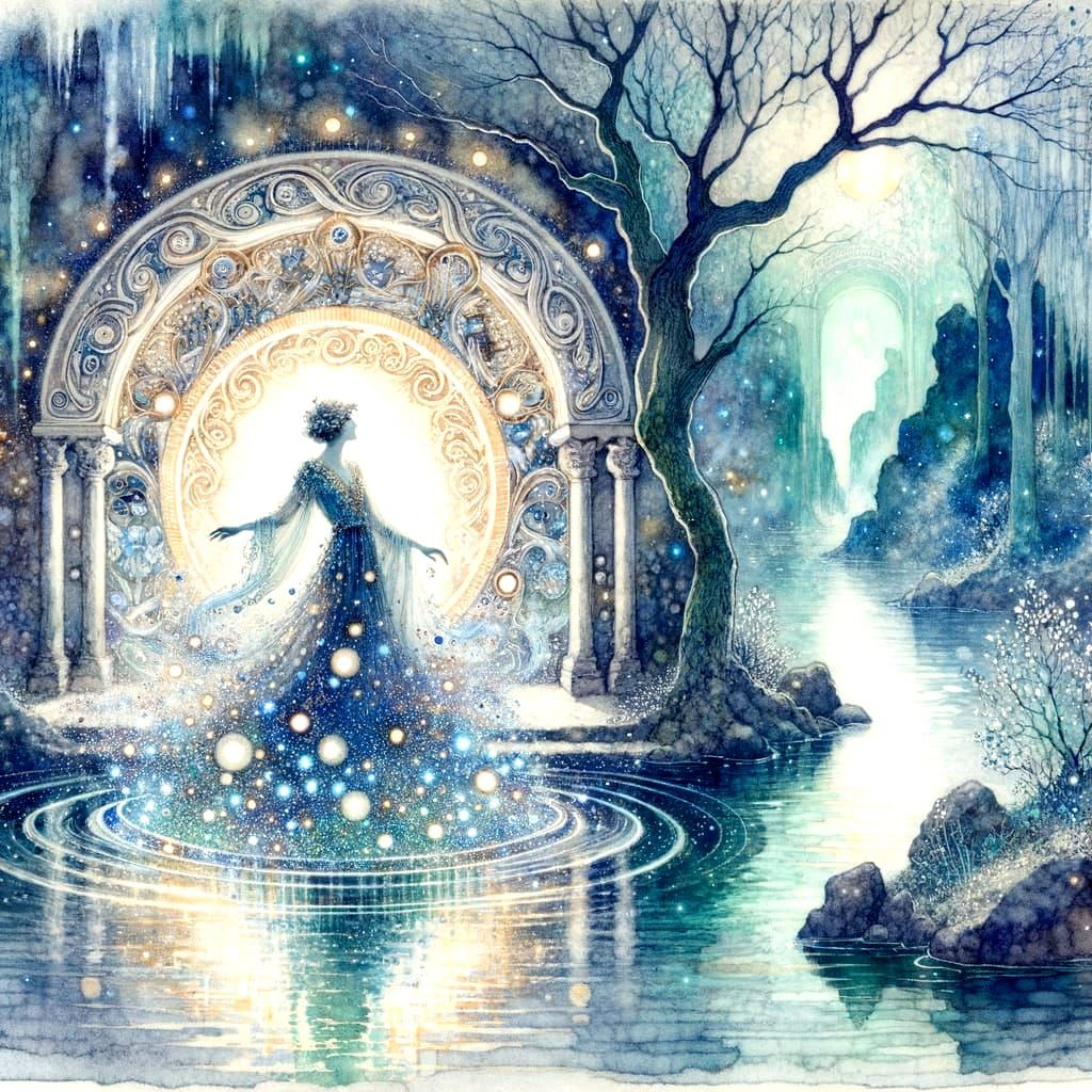 Lady of the Lake Emerges: Art Nouveau Watercolor