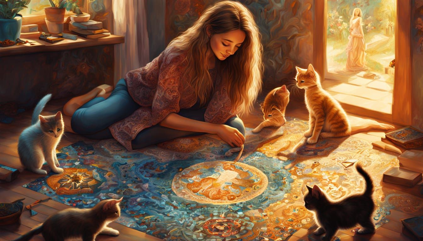 Woman Creates Mosaic With Kitten, Vibrant Digital Art
