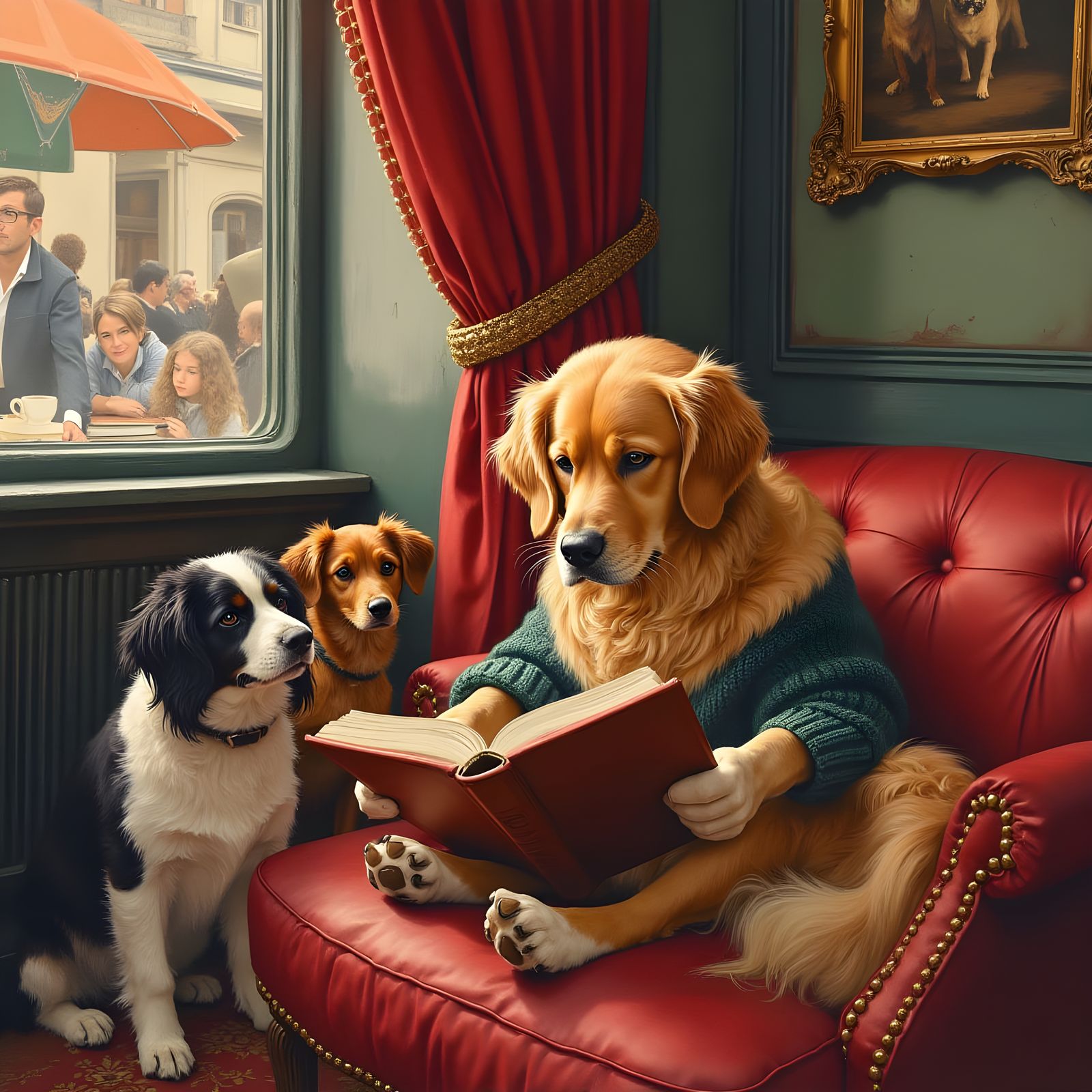 Golden Retriever in a Vibrant Cafe Scene, in Epic Gouache St...