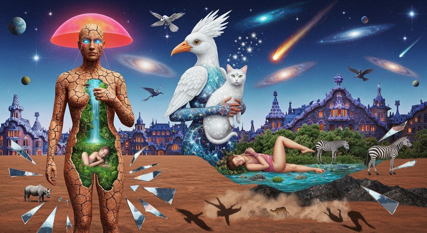 Figure of Earth Revealing Bioluminescent Oasis in Neon Mirag...