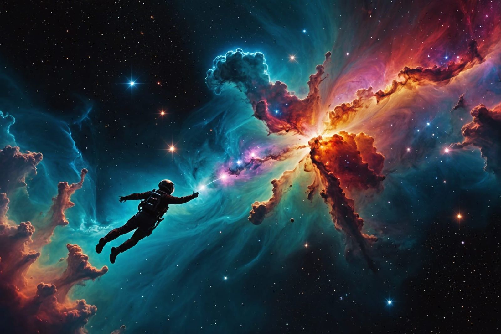 Human Touches Colorful Nebulae in Vast Outer Space