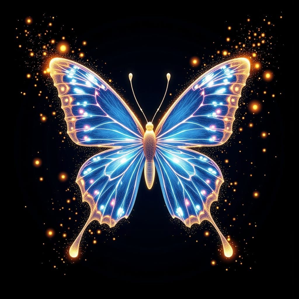 Ethereal Blue and Gold Butterfly in Celestial Futurism