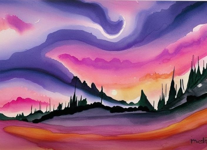 Mystical Fairy Forest at Sunset in Gouache Style