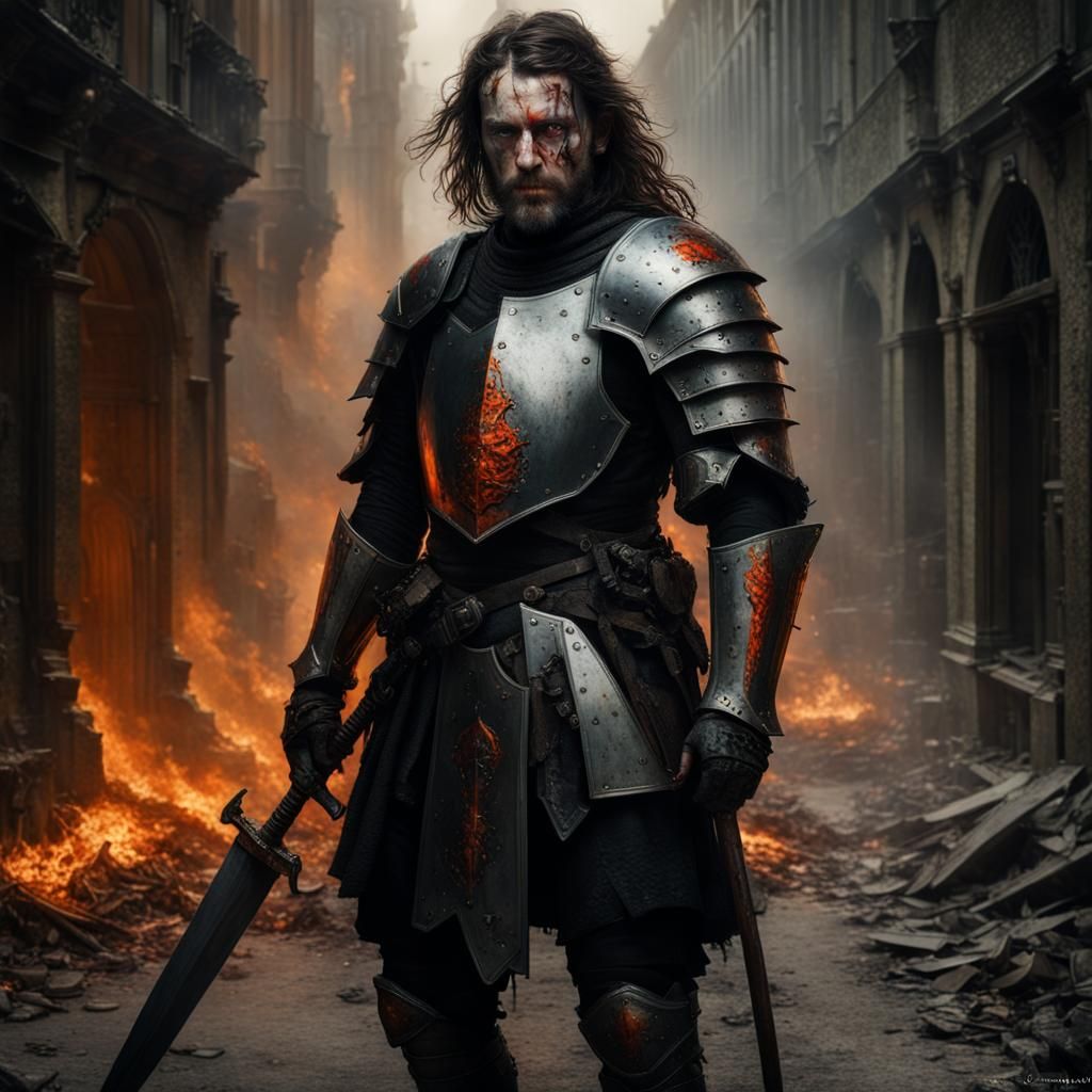 Scarred Knight with Demonic Shadow in Hyperrealistic Style