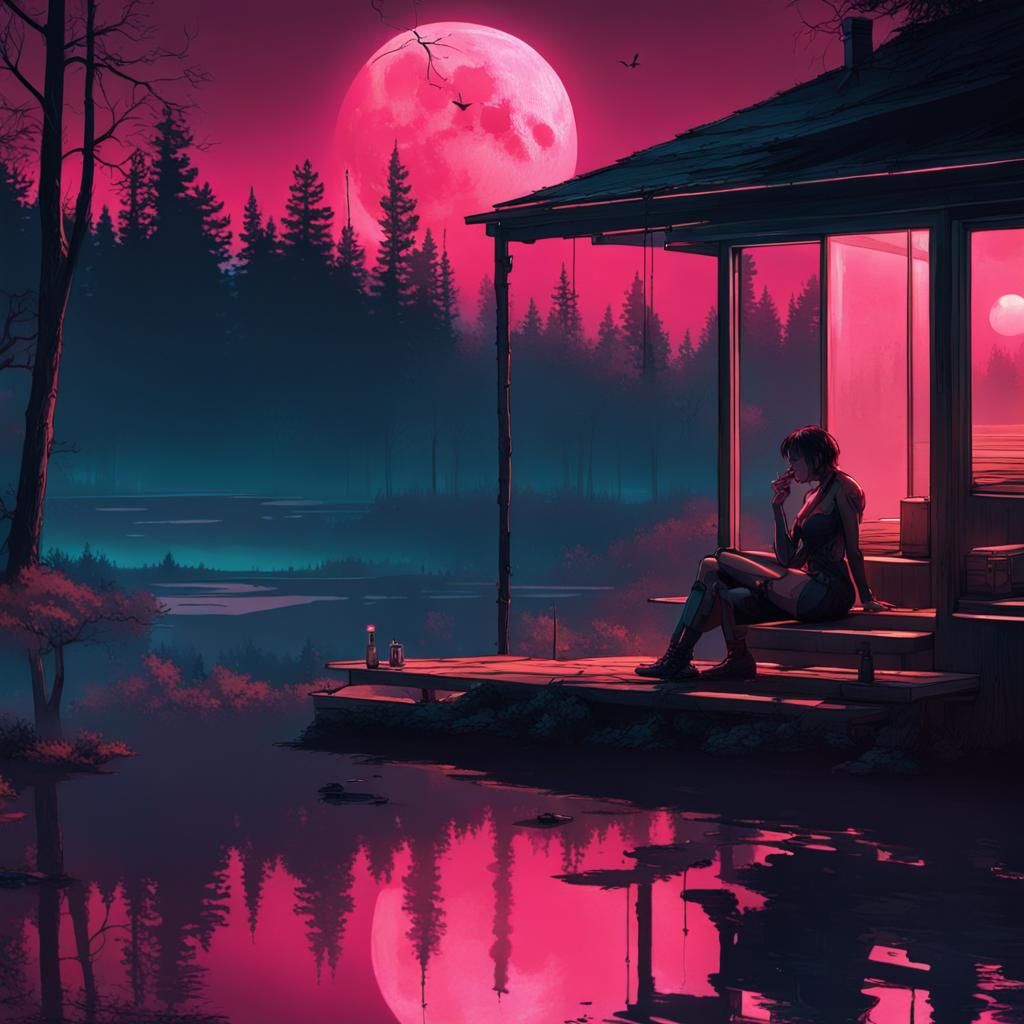 Cyberpunk Woman Observes Moonlit Lake