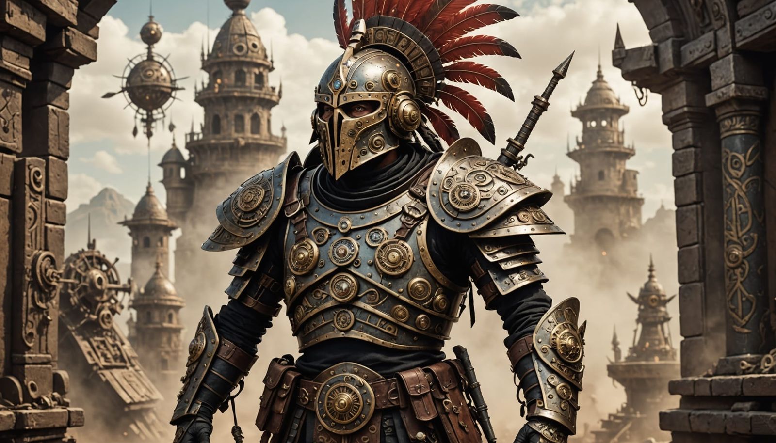 Aztec Warrior in Steampunk Armor, Burtonesque Style