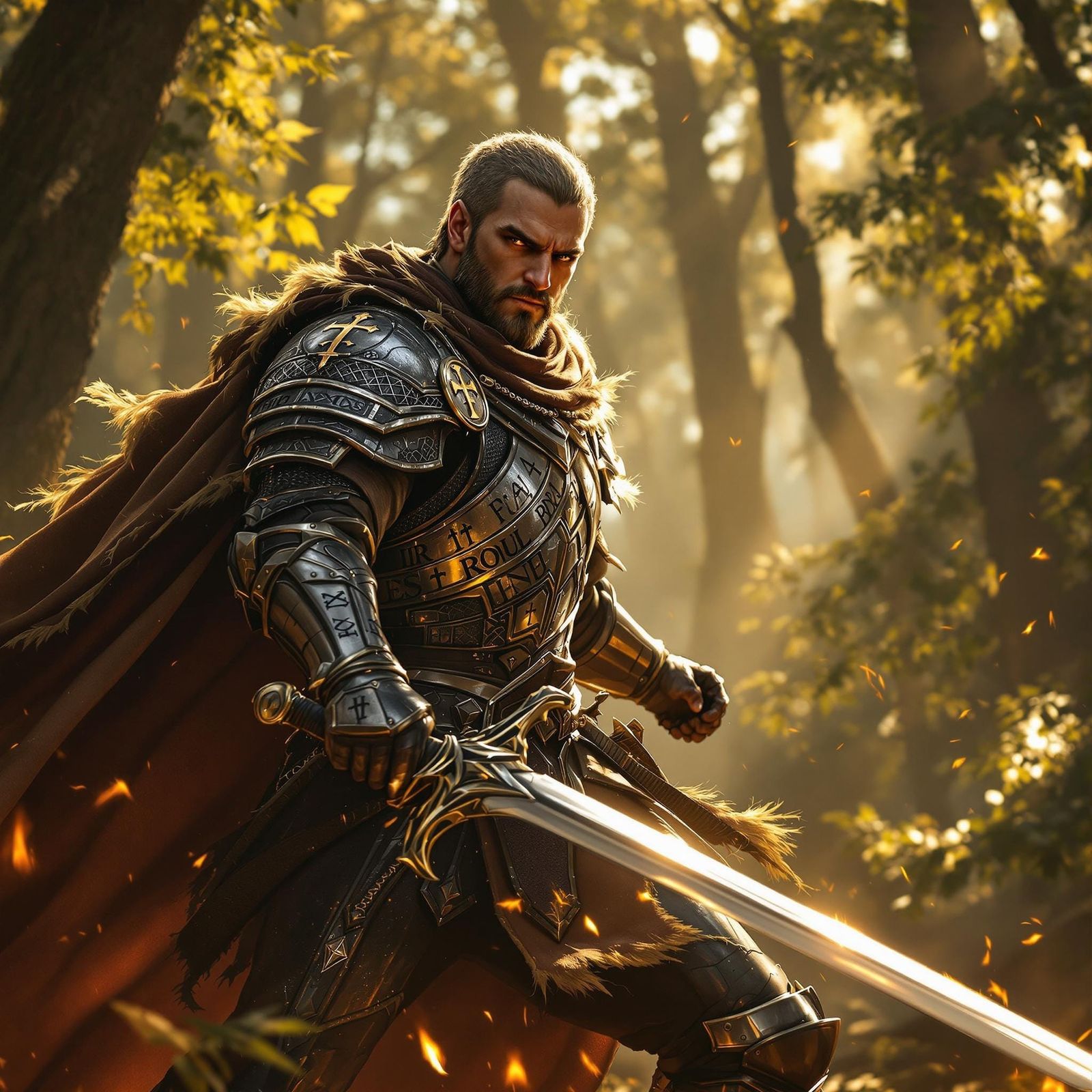 Medieval Warrior in Golden Forest Battleground