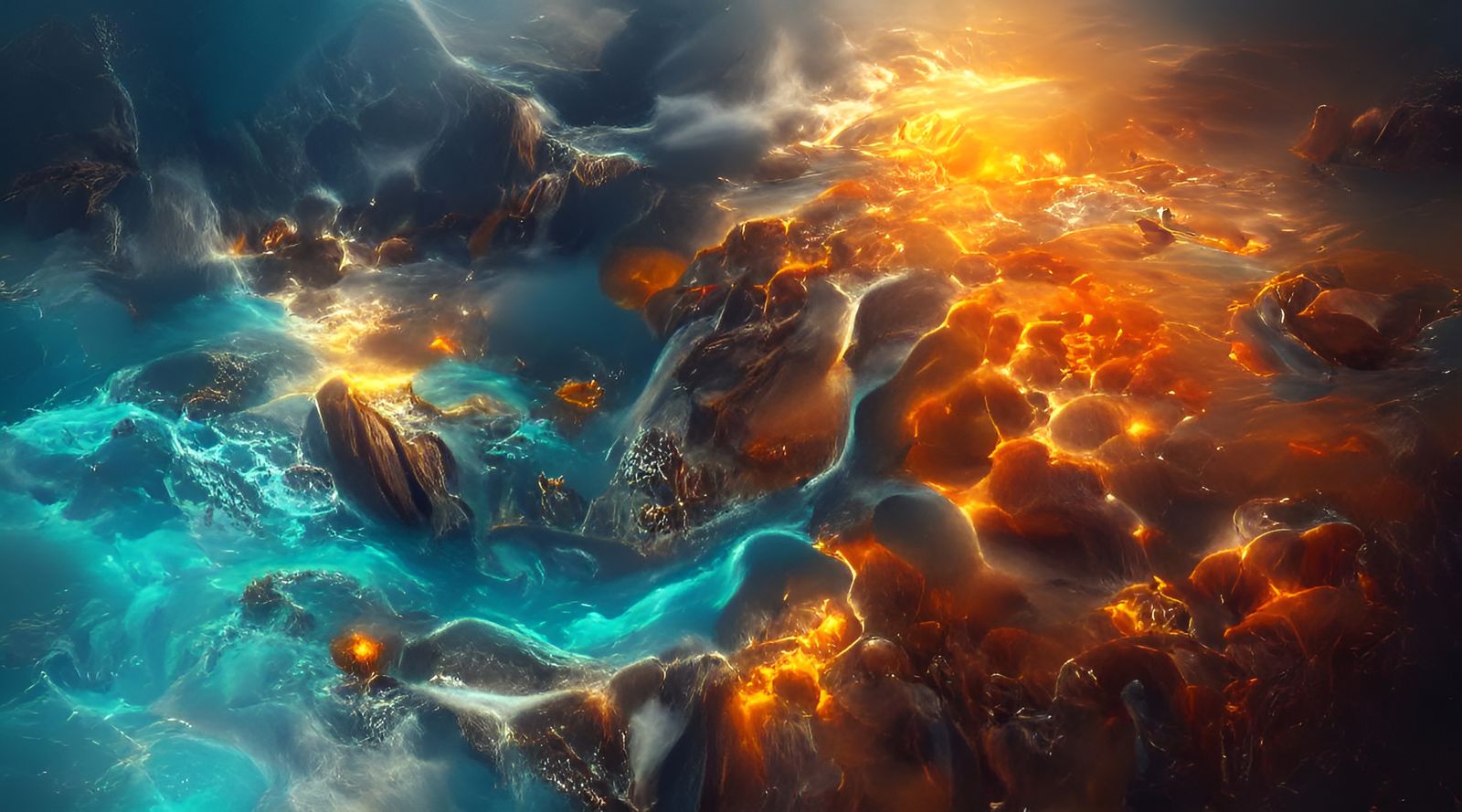 Photorealistic Lake with Bioluminescent Steampunk Elements
