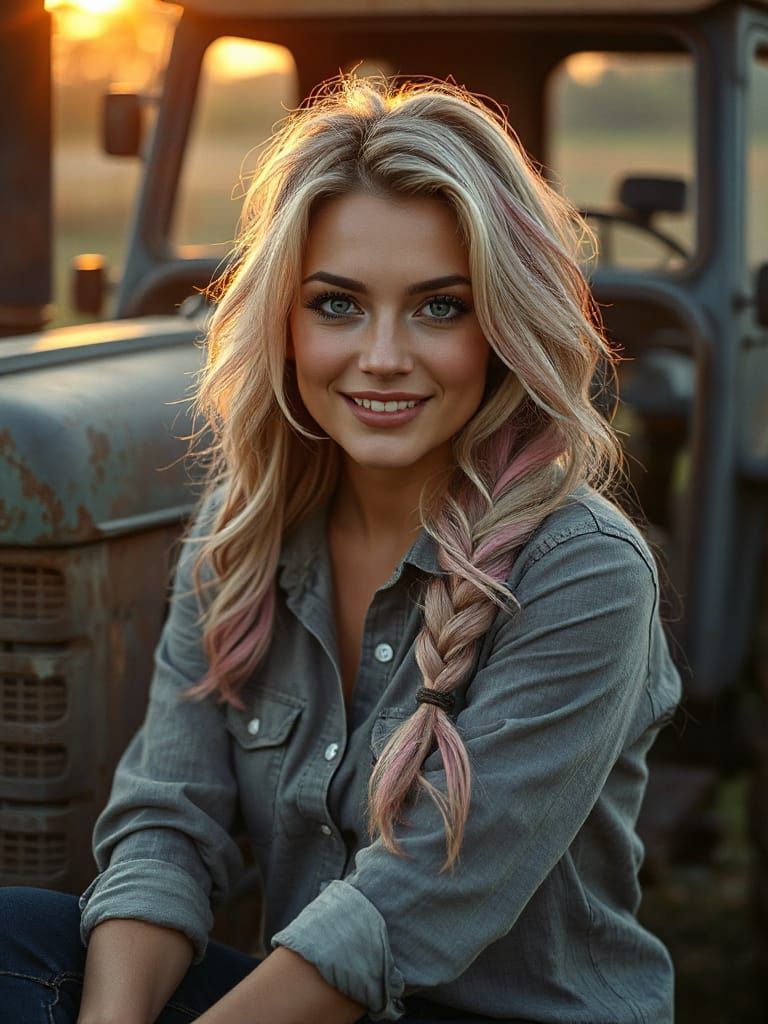 Confident Cowgirl Poses by Tractor in Golden Hour Light