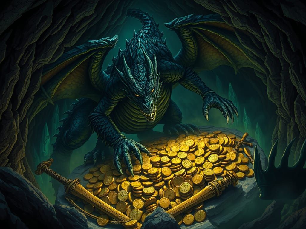Fearsome Dragon Guards Cursed Gold in Ancient Cavern
