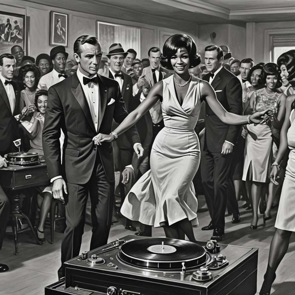 Vintage black and white 1965 phonograph,  James Bond dancing with Miss Moneypenny in a dancehall, music band in the back...