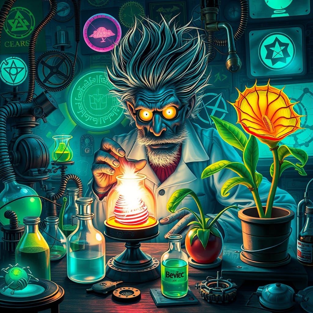 Mad Scientist's Laboratory in Eerie Bioluminescent Light