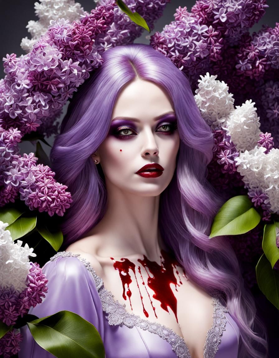 Mourning Woman Praying with Lilacs: Surreal Portrait