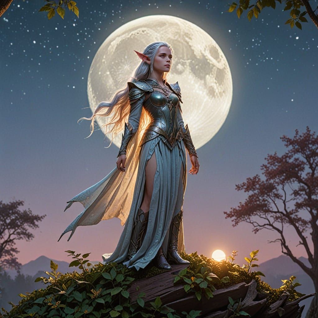 Elf Giantess Under Silver Moon in Vibrant Oil Painting