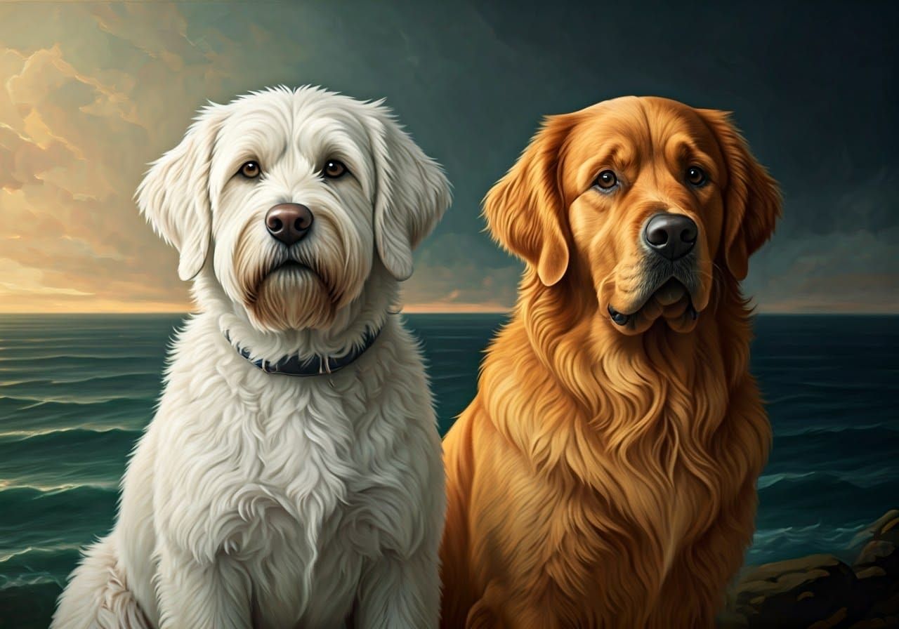 Moody Old Master Portrait of Canine Friends by Dramatic Sea