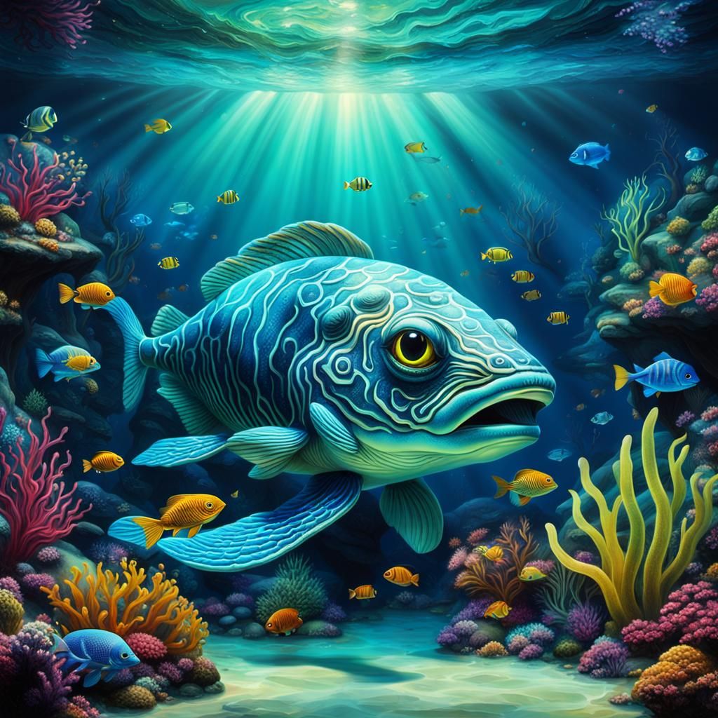 Luminous Underwater Creatures in Acrylic Art