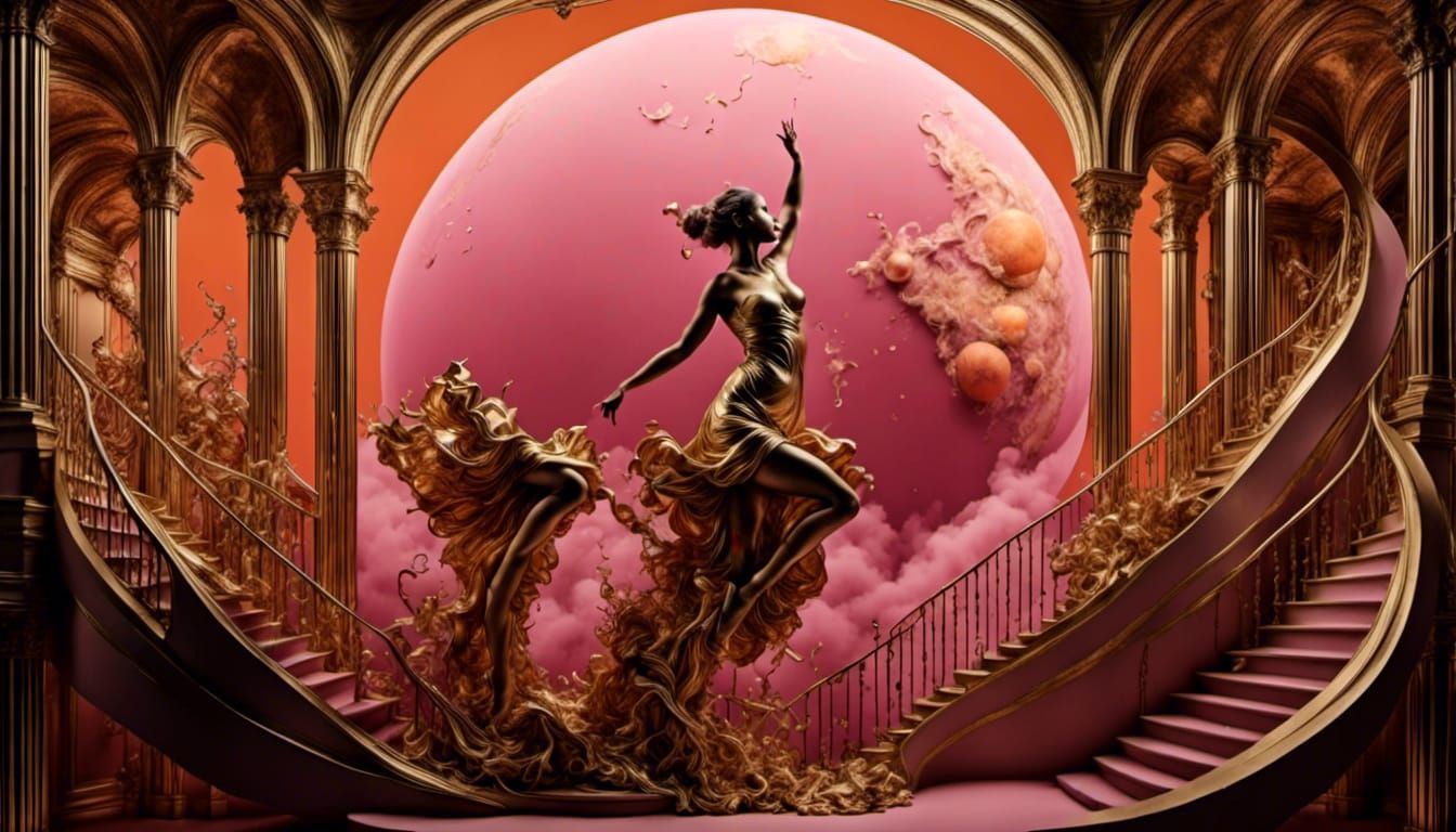 <lora:Water-Ink Silhouette:1.0> <lora:3D Mapping:1.0> <lora:Escherscapes:1.0> Gold city with pink sky and massive orange...