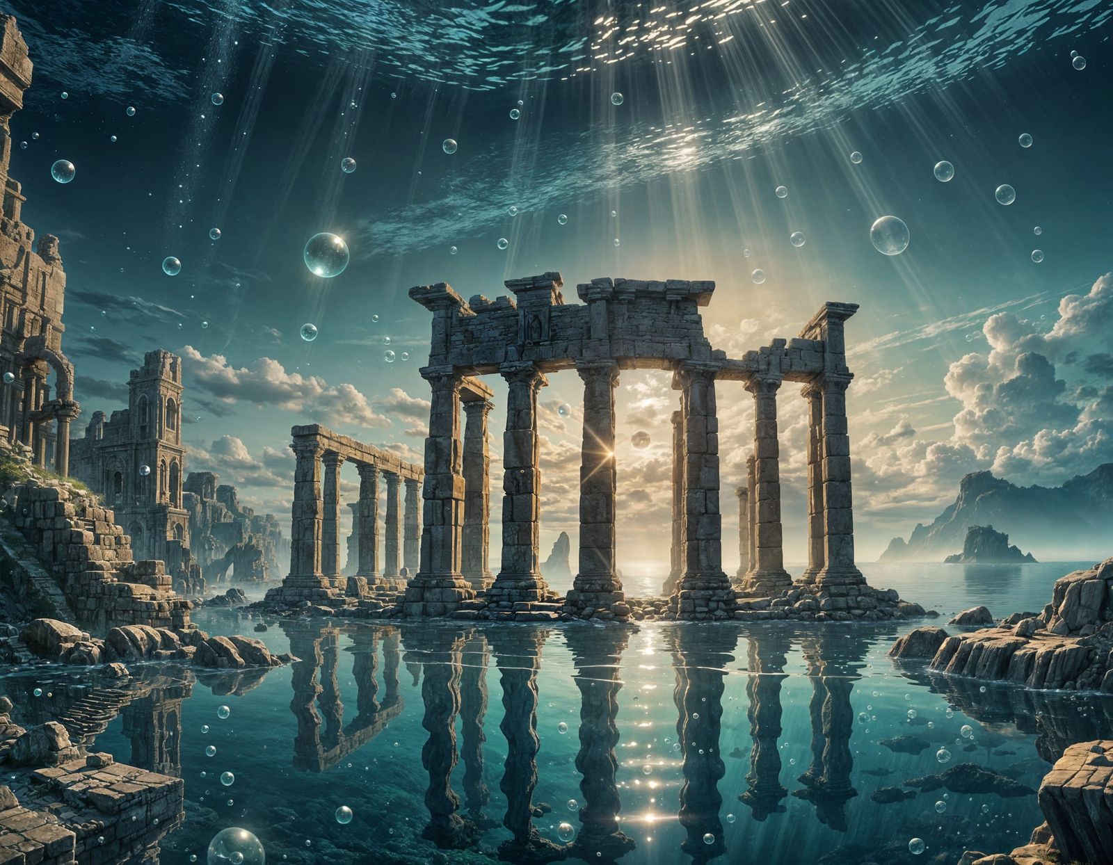 picture stile, ancient ruins in the deep of the ocean far aw...