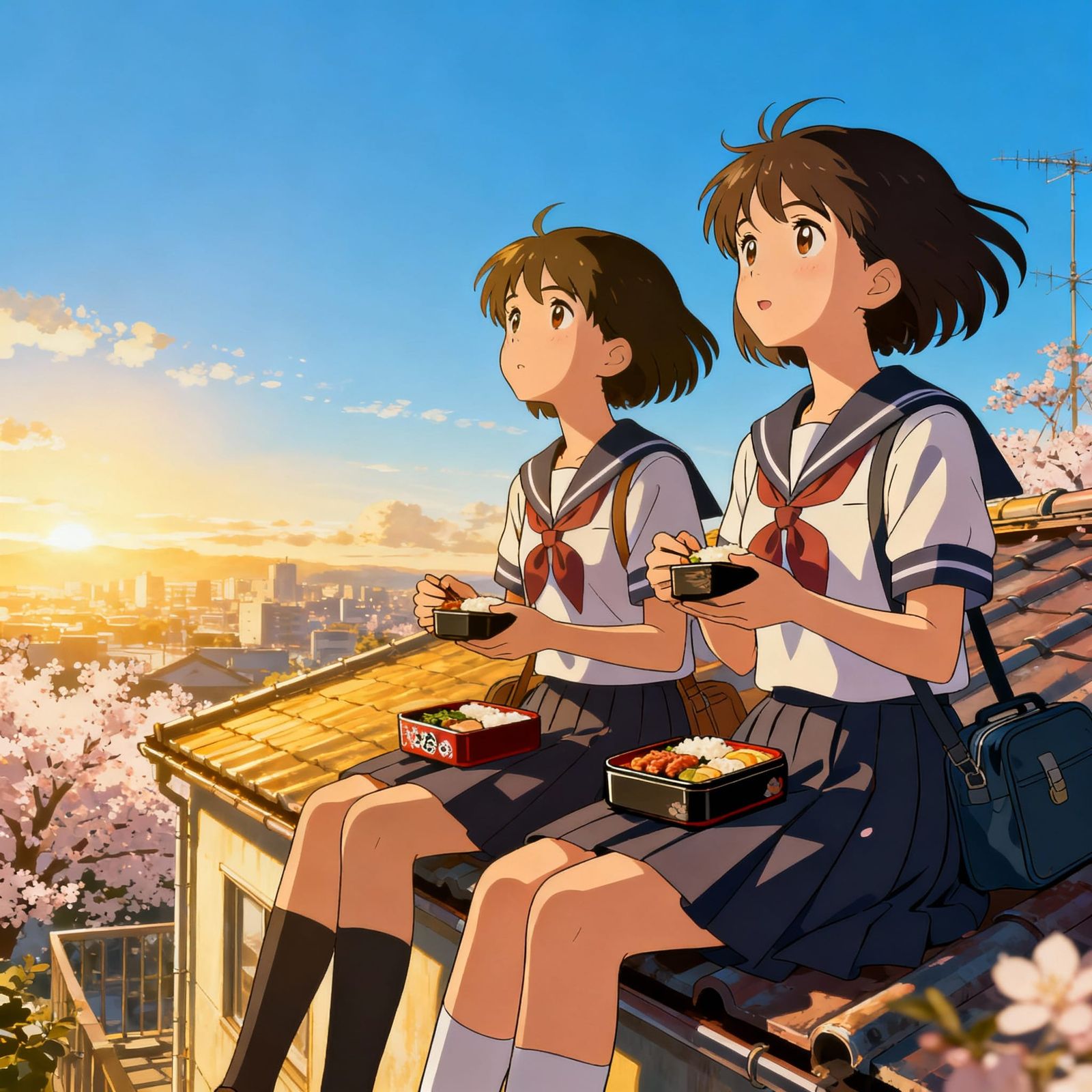 Schoolgirls Share Lunch on Rooftop in Anime Style