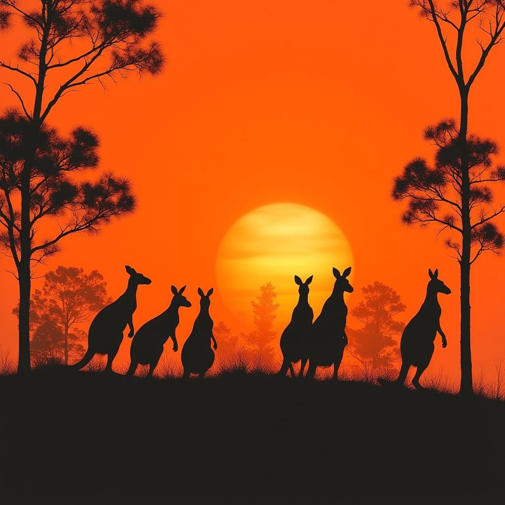 Kangaroos Watch Sunset in Modernist Style