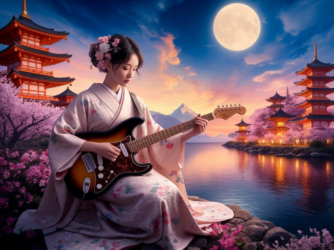 Surreal Japanese Goddess Plays Electric Guitar by Water