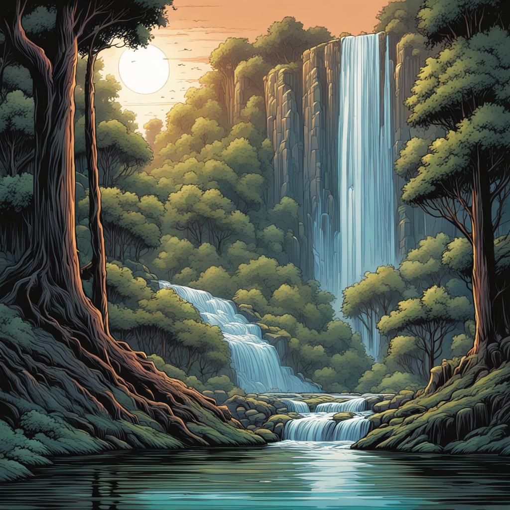 Waterfalls and Trees in Comic Book Art Style