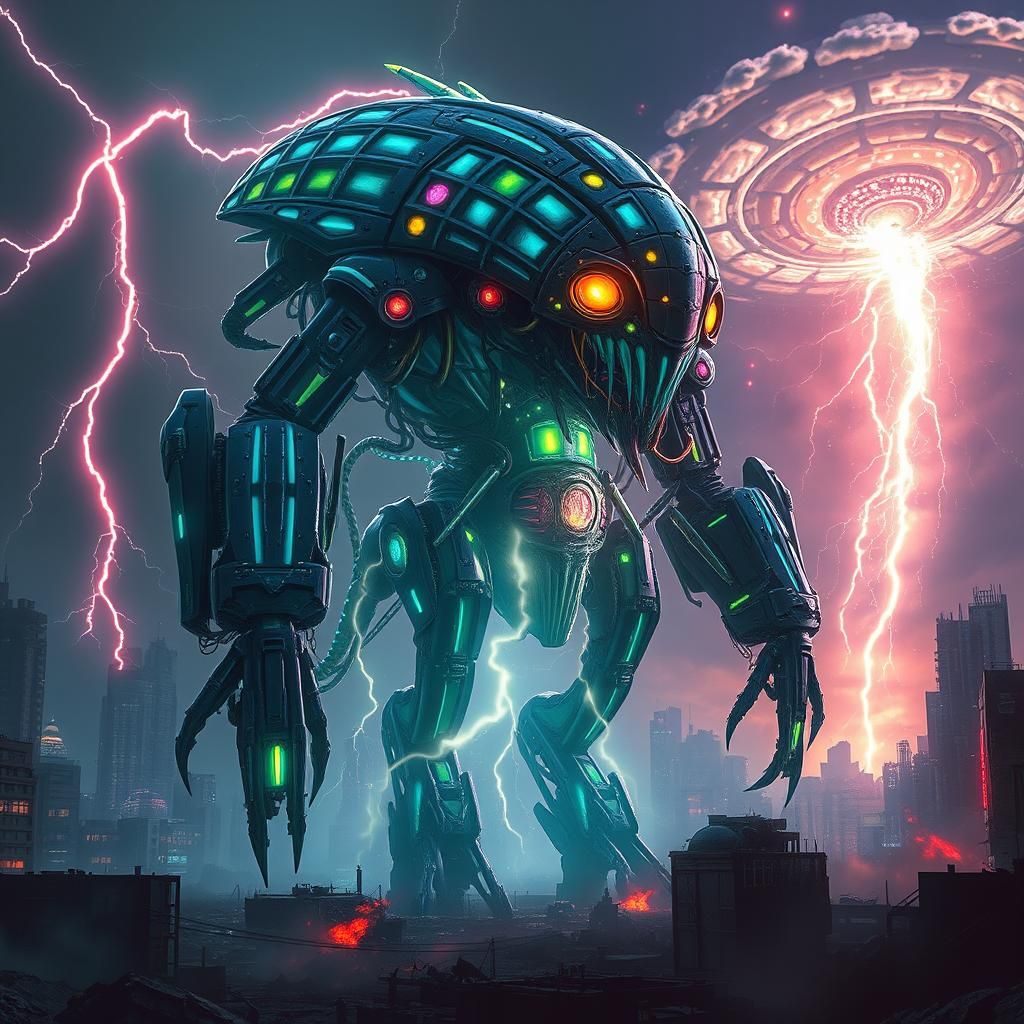 Neon Mecha in Apocalyptic Cityscape